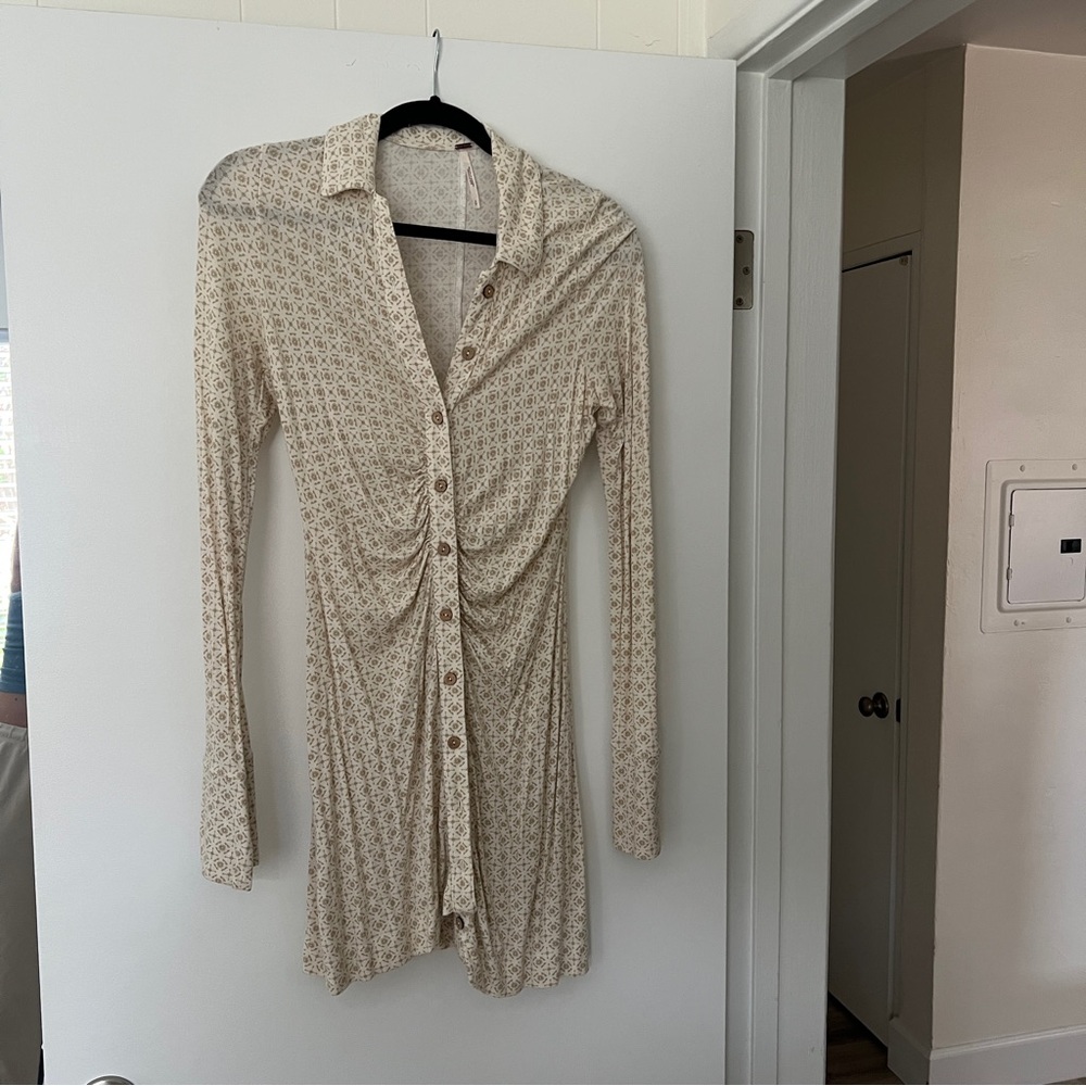 Free People Cream Printed Ruched Button down dress